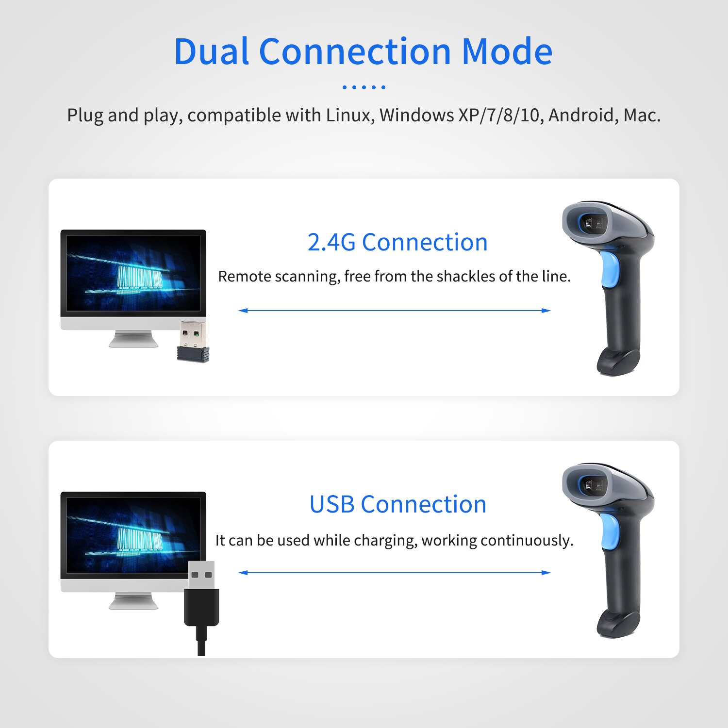Ręczny skaner kodów kreskowych 1D/2D/skaner kodów QR skaner kodów 2.4G bezprzewodowy i USB przewodowy kod kreskowy czytnik kompatybilny z okna android prochowiec Linux