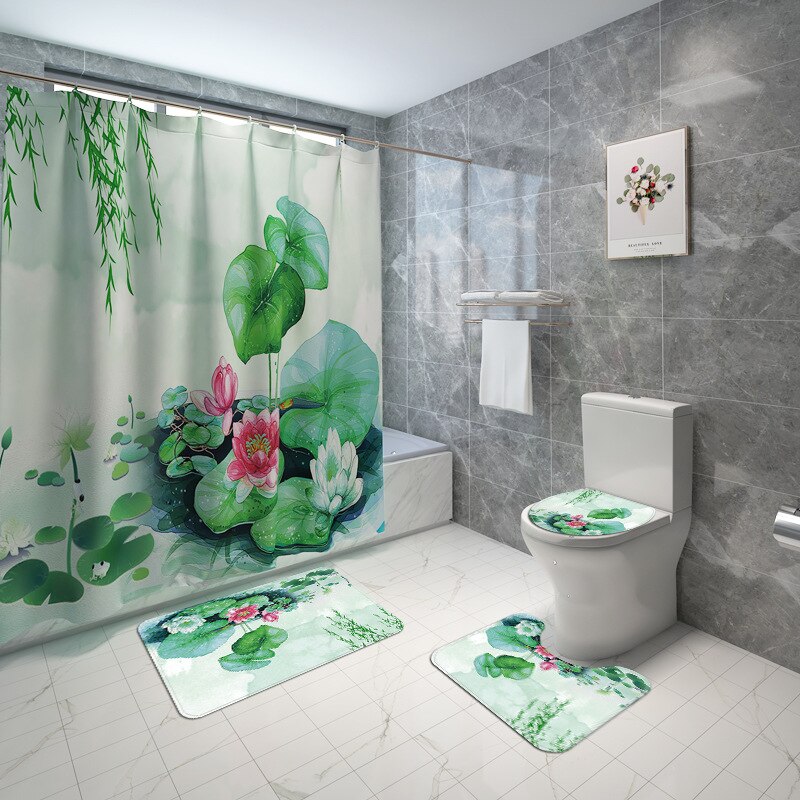 Traditionel stil badeværelset tæppe sæt bademåtte og badeforhæng sæt toiletmåtte badeværelse tæppe badeværelse dekoration absorberende måtte: 4 stk -662