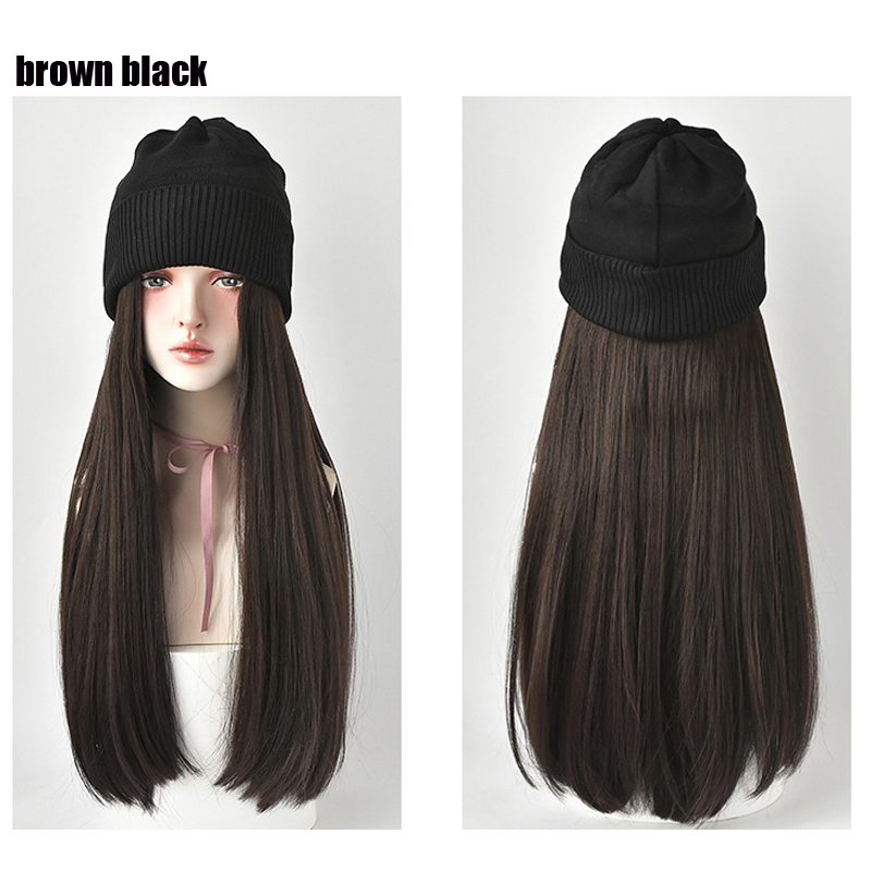 Beanies Hat With Hair Wigs For Women 24 inch Long Straight Hair Synthetic Wig Warm Soft Ski Knitted Autumn Winter Cap: Red
