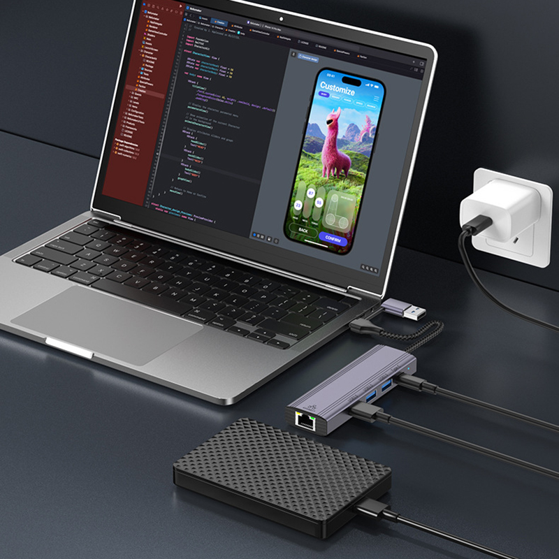 Type C USB to RJ45 Network Card Converter 1000Mbps Ethernet Extend Adapter 5Port USB HUB Cable Splitter Phone Data Transfer Dock