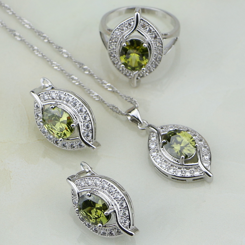 Auge Geformt Olivgrün Zirkonia Weiß CZ 925 Sterling Silber Schmuck setzt Für Frauen Hochzeit Ohrringe/Anhänger/halskette/Ring