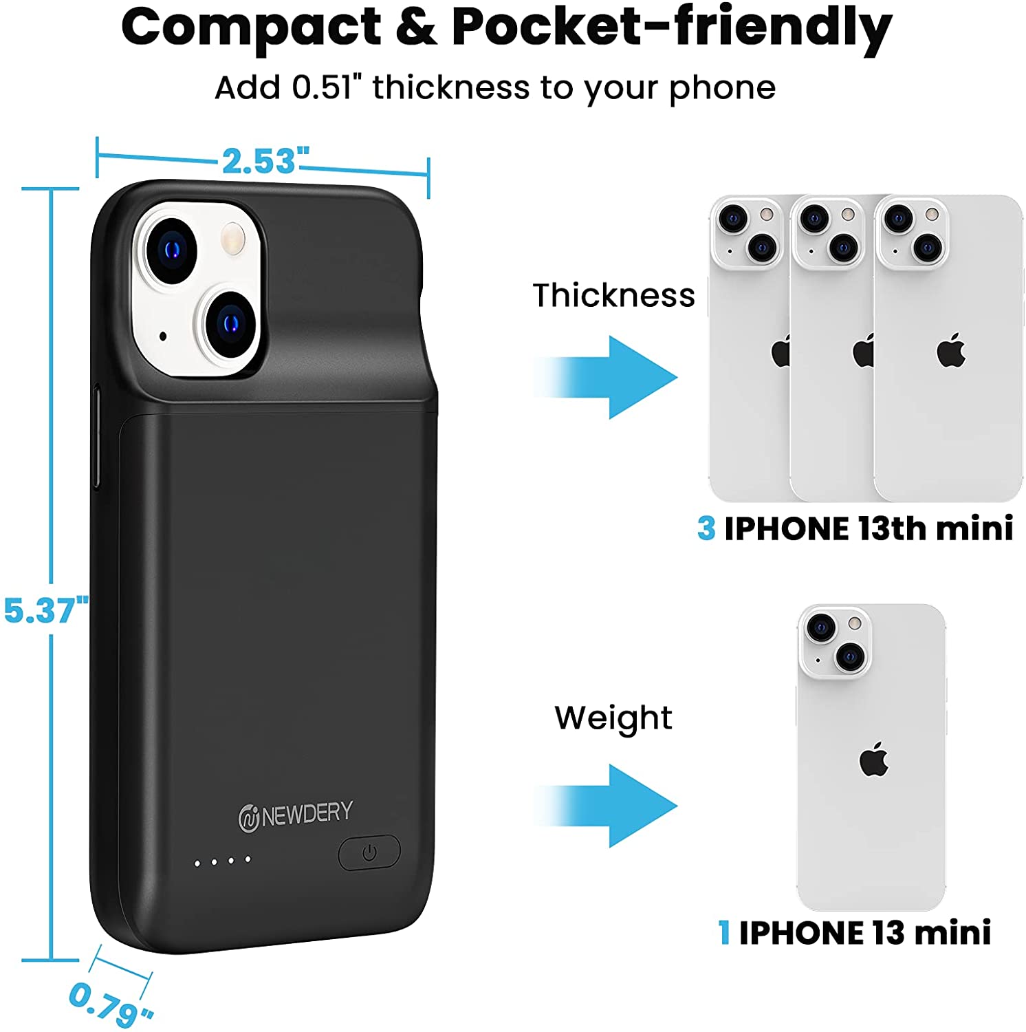 NEWDERY Batterie fallen für iPhone 13 Mini/12 Mini, 4700mAh Tragbare Batterie fallen, verlängerte Batterie Ladegerät fallen für iphone 13 Mini