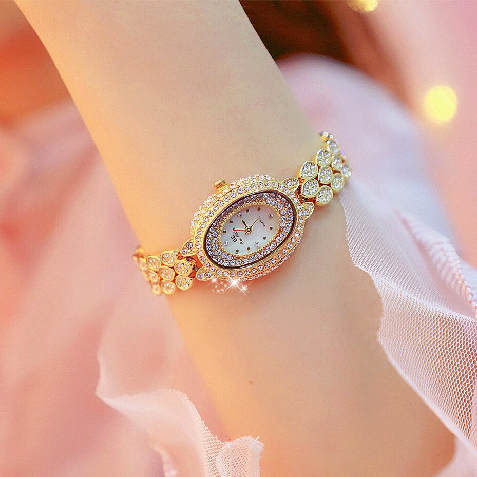 Gouden waterdichte dameshorloge met volledige diamanten dameshorloge armband uniek polshorloge merk luxe: Goud