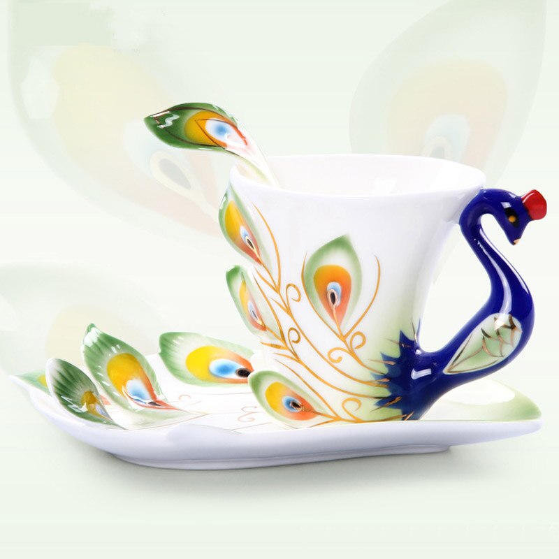 Taza de pavo real esmaltada de Color de cerámica con plato de café té beber agua tazas artesanales decoración creativa cumpleaños de San Valentín: Green