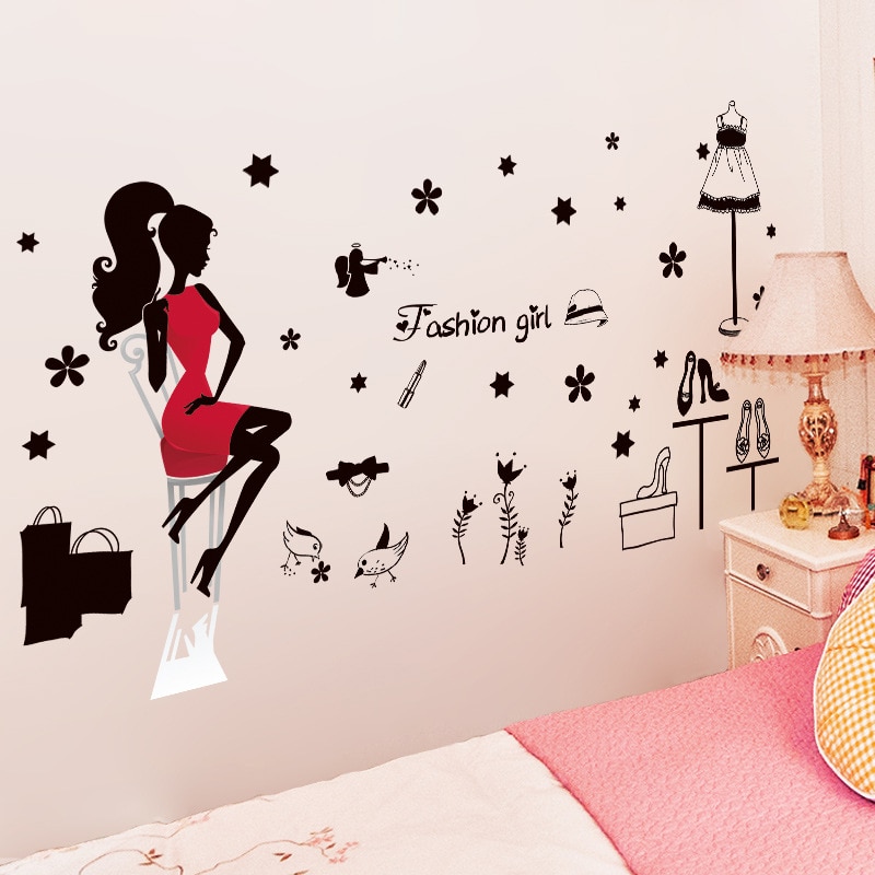 Modern lady glass window door sticker garment shop sign glass window sticker shopping girl wall sticker store sticker