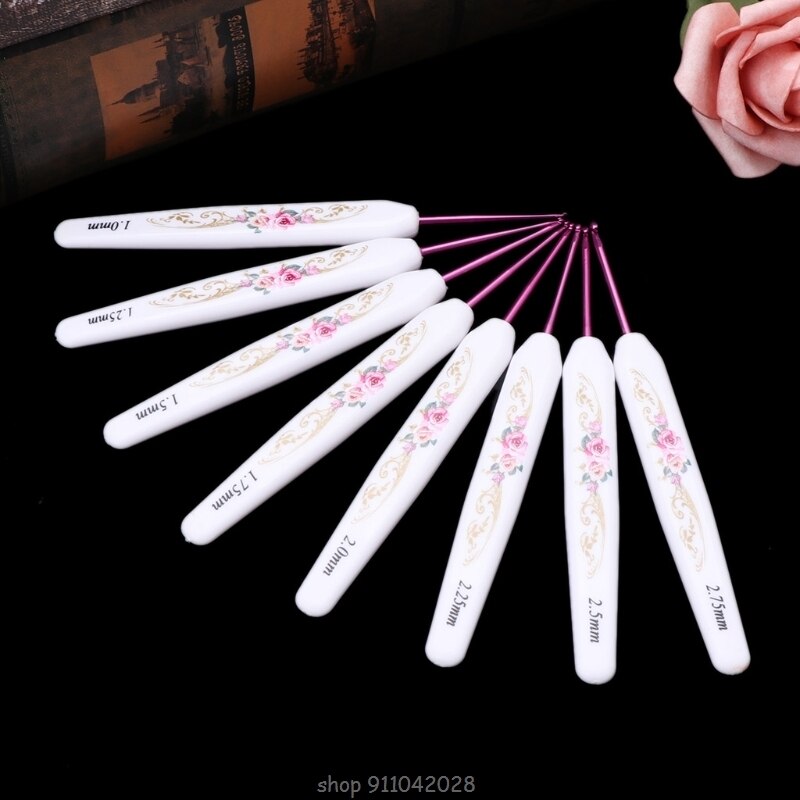 8pcs Plastic Handle Floral Aluminium Crochet Hooks Knitting Needle Set Weaving D16 20