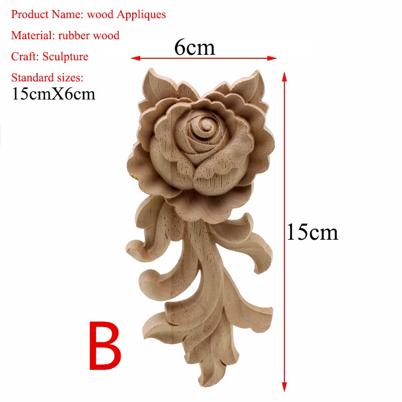 VZLX Flower Wood Carving Natural Wood Appliques for Furniture Cabinet Unpainted Wooden Mouldings Decal Decorative Figurine: 15cmX6cm B