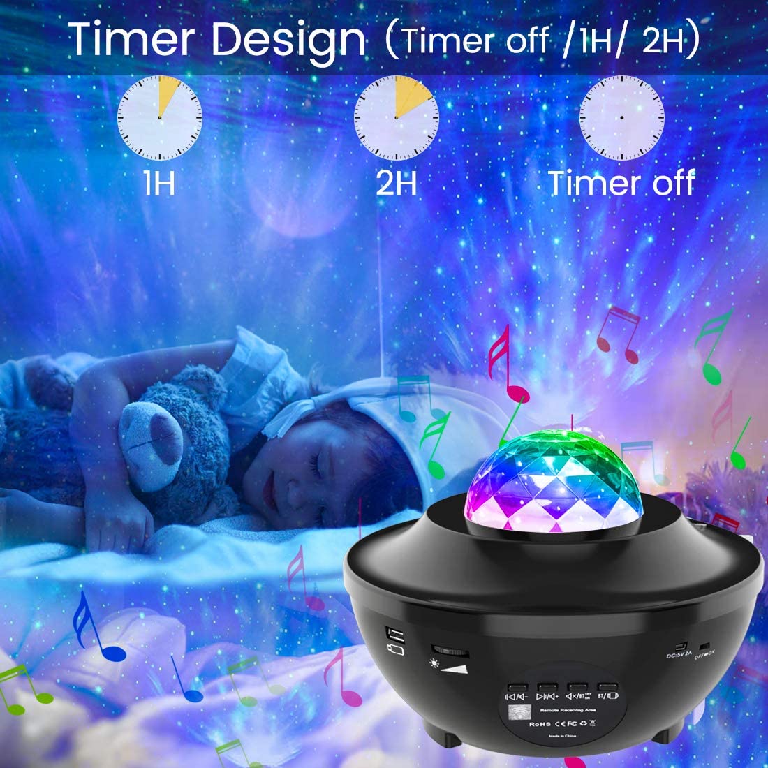 Proyector de cielo estrellado colorido, lámpara de ambiente con proyector de ola de mar y estrellas, con Bluetooth, altavoz musical para dormitorio