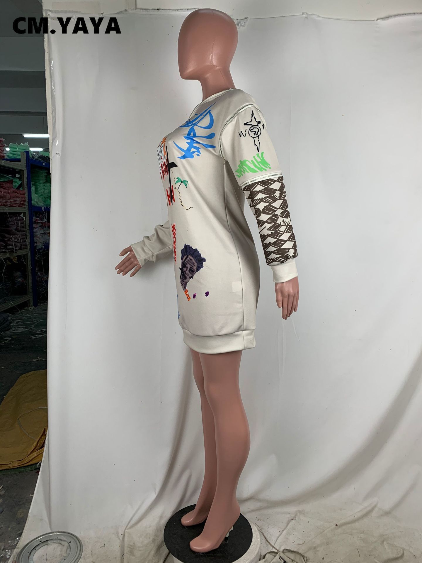 CM.YAYA Otoño Invierno clásico vestido de mujer Graffiti cortado manga larga sudaderas Activewear sudaderas vestidos sueltos