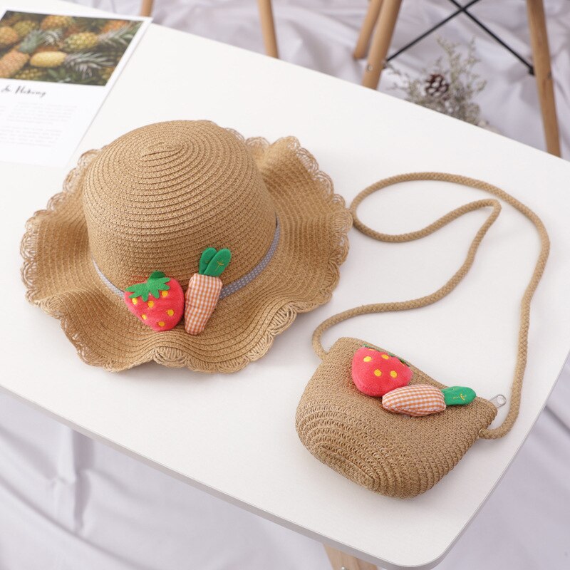 Small fresh wave side children's straw hat summer outing all-match beach hat sun hat bag set: khaki