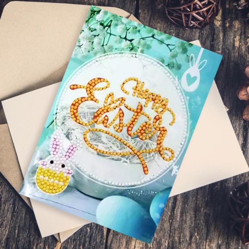 4Pcs 5D DIY Diamond Painting Greeting Cards Wish Easter Party Cards Craft for Kids Decoration