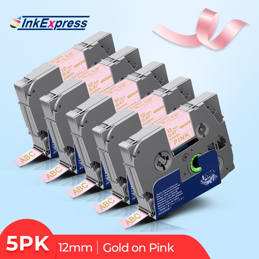 5PK satyna taśma wstążkowa dla brata upiększyć taśma RE34 RN34 R234 RW34 R231 12mm dla brata PT drukarka etykiet PT-H110 PTE100 D600: Gold on Pink