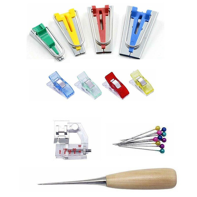 Fabric Bias Binding Tape Maker Kit Binder Foot Wooden Awl Clips Pins Household DIY Sewing Quilting Tool Set