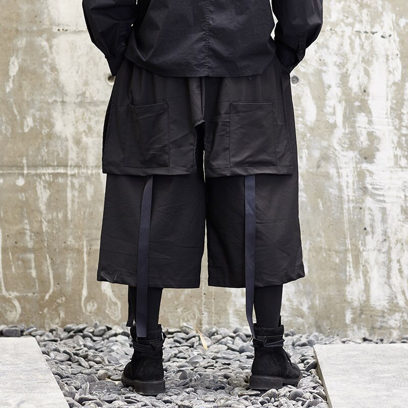 Hommes japon Style Streetwear Kimono jupe pantalon mâle ample décontracté large jambe pantalon Punk gothique Hip Hop ruban Harem pantalon