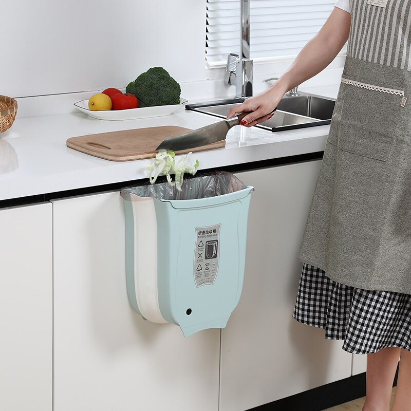Folding Waste Bins Wall Mounted Foldable Trash Bin Kitchen Cabinet Door Hanging Storage Bucket Trashcan For Bathroom Kitchen