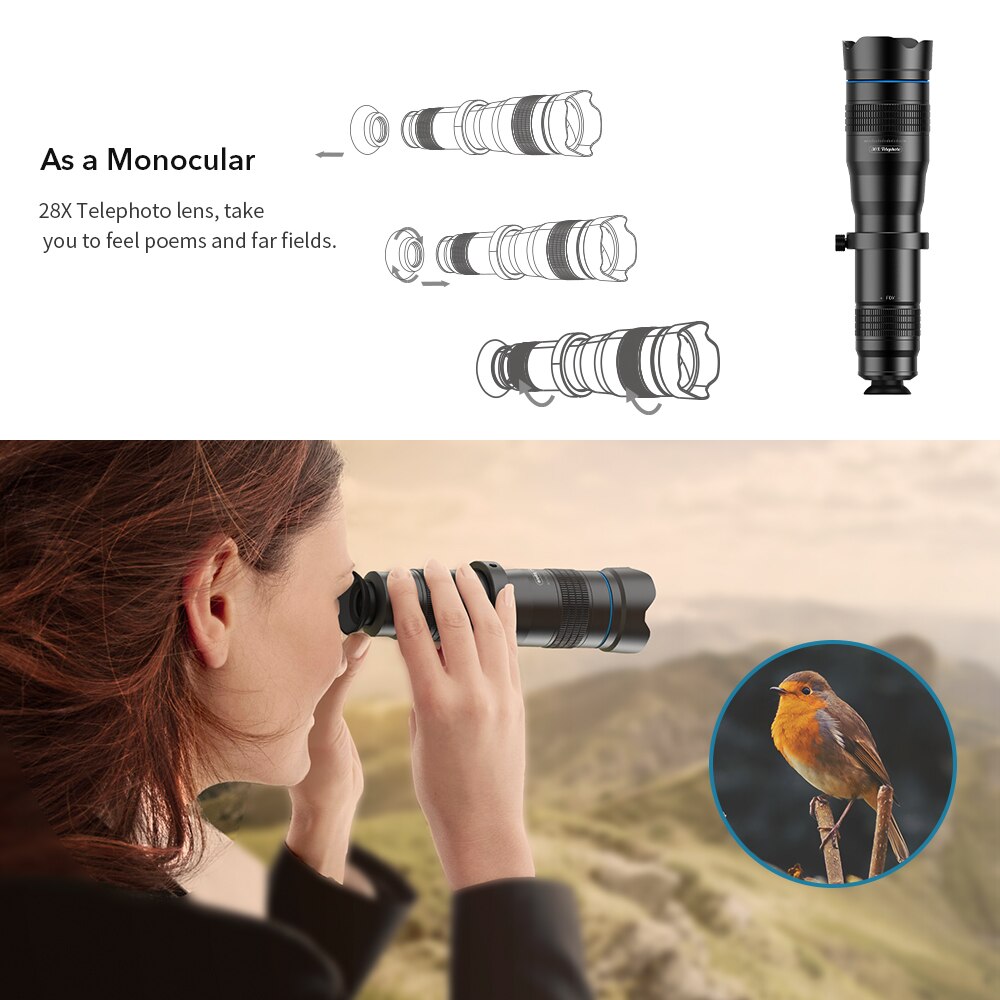 Apexel Optic Telefoon Mobiele Camera Lens 36X Tele Telescoop Lens Monoculaire + Selfie Statief Voor Iphone Huawei Alle Smartphones