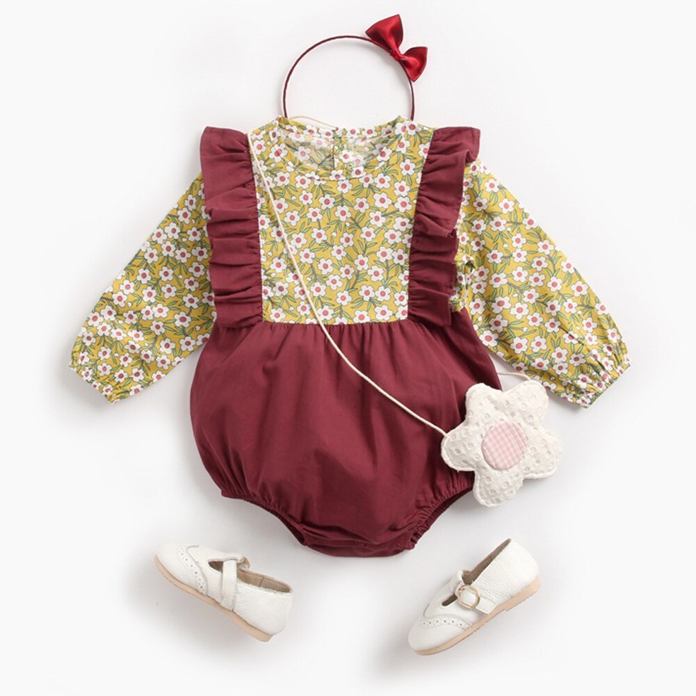 One Piece Bodysuits Infant Baby Girl Long Sleeve Flower Print Long Sleeve Ruffles Jumpsuit Outfits: Red / 12M