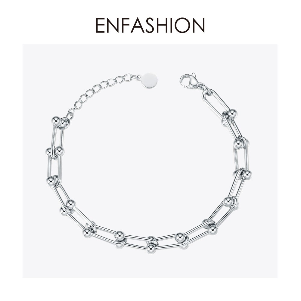 Enfashion oco link chain pulseiras para mulheres de aço inoxidável cor ouro grânulo ajustável pulseira moda jóias presentes b2082: Silver color