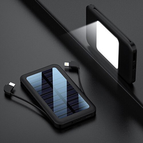 80000 mah mini solcelle mobil powerbank bærbar hurtigopladning eksternt batteri med 2 ladekabler led belysning: Sort