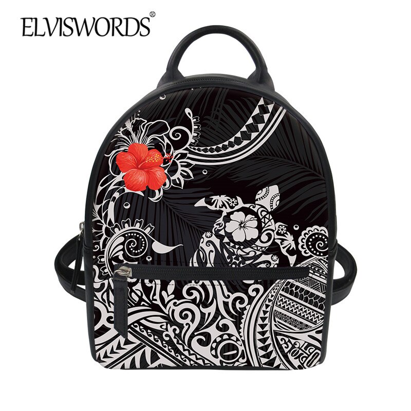 ELVISWORDS Frauen Mini PU Rucksack Polynesian Stamm Druck Weibliche Schulter Pack Luxus Reißverschluss Reise Schwarz Leder Tasche