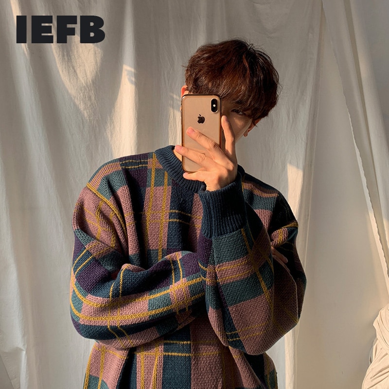 IEFB-suéter grueso a cuadros para hombre, ropa de coreana, tops de punto veintage sueltos, bloque de color, otoño e invierno, 3242