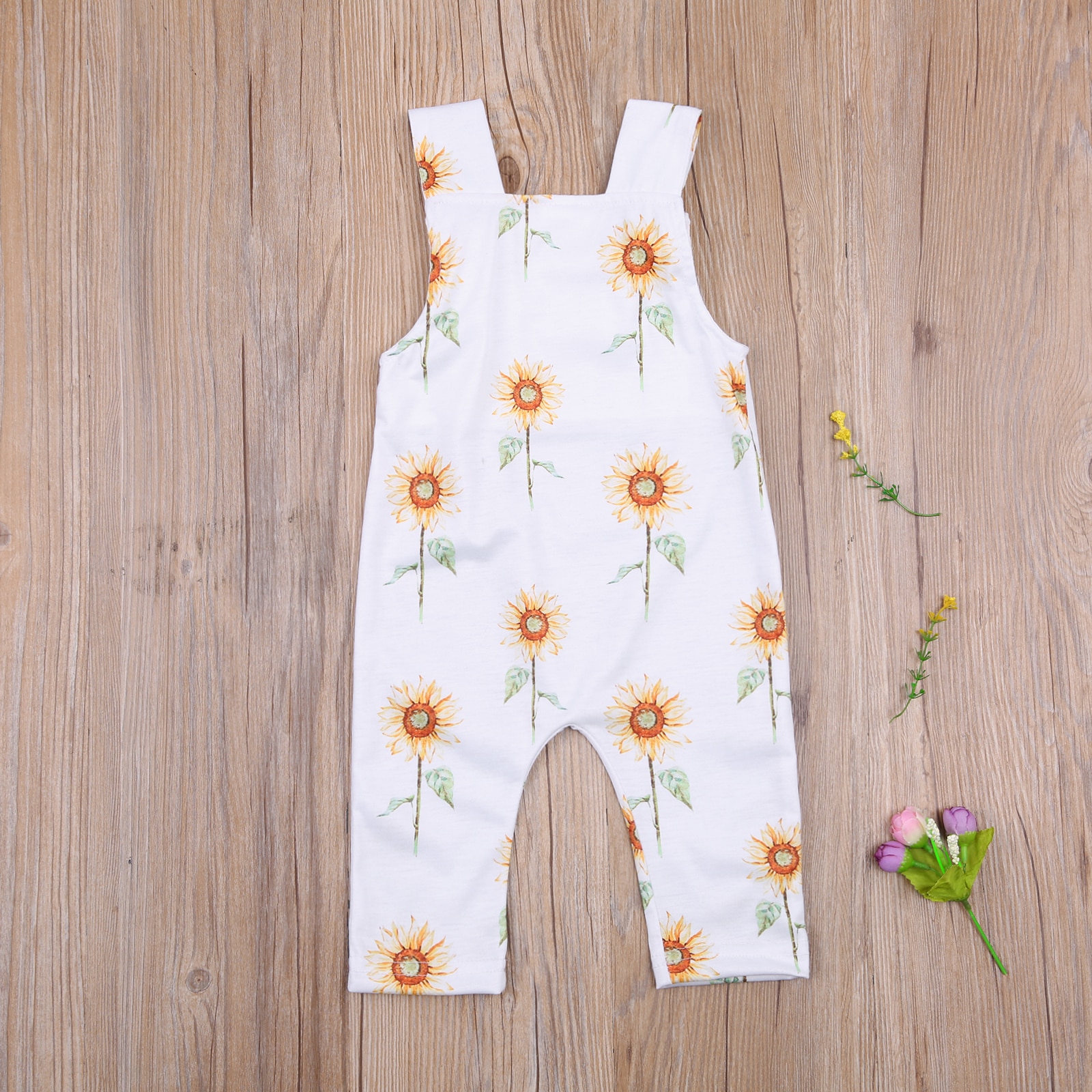 Focusnorm 0-24M Zomer Baby Meisjes Jongens Rompertjes Zonnebloemen Print Mouwloze Knop Strap Jumpsuits