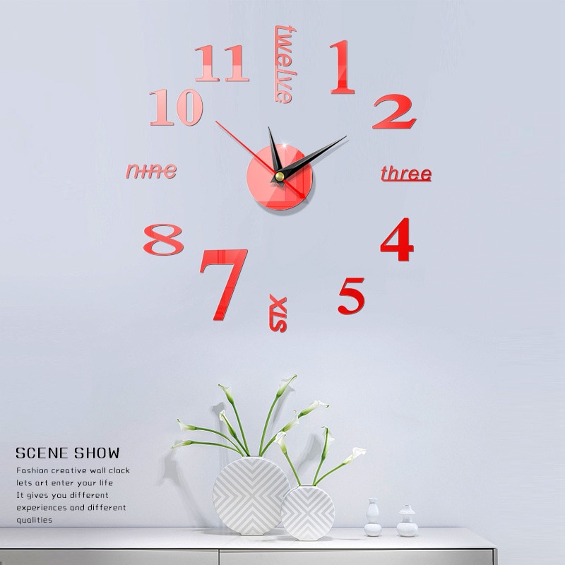Large Wall Clocks Watch DIY Mirror Wall Clock 3D Sticker Home Office Room Decoration Quartz Needle Clock: red