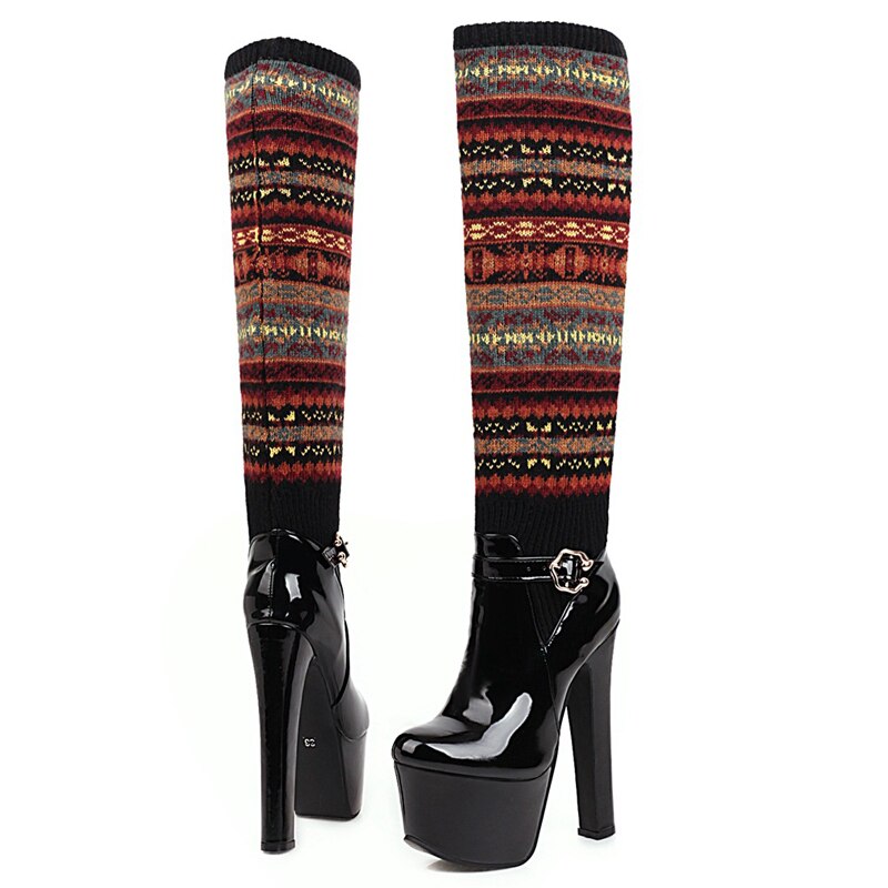 Cuissardes à plateforme pour femme, chaussures d&#39;hiver à talons hauts, motif de noël, WSH3700