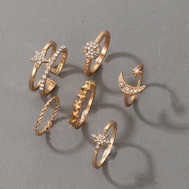 Docona 6 unids/set Bohemia Luna estrella conjuntos de anillos para nudillos para las mujeres de cristal encantador anillos para articulaciones Mujer Accesorios de la joyería de Bijou