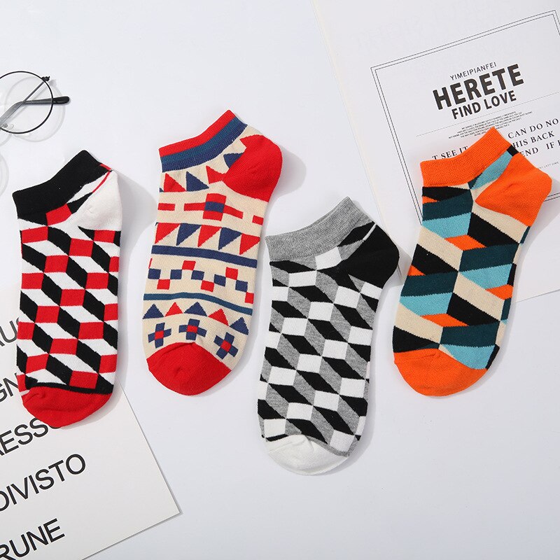 Calcetines bonitos de algodón para hombre, calcetines tobilleros cortos coloridos e informales con números geométricos de fruta, maíz y cerveza,