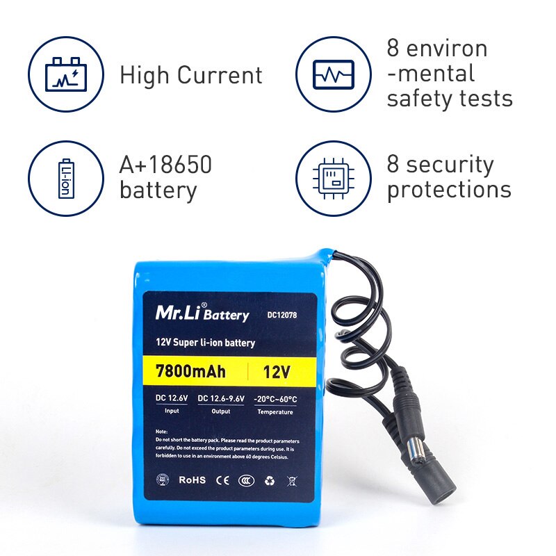Mr.Li 12V Battery 18650 Rechargeable 12V 7800mah Lithium Ion Battery Pack With 1A Charger