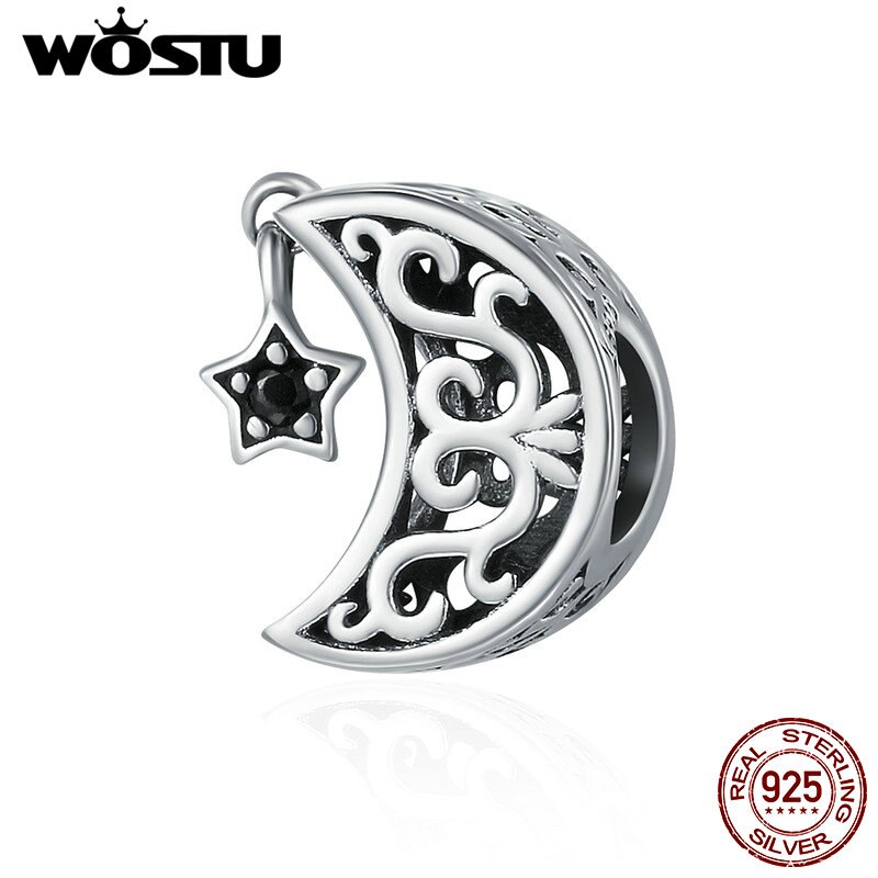 Wostu 925 prata esterlina lua &amp; estrelas balançar charme zircônia contas fazendo diy pulseira original para mulher jóias de prata