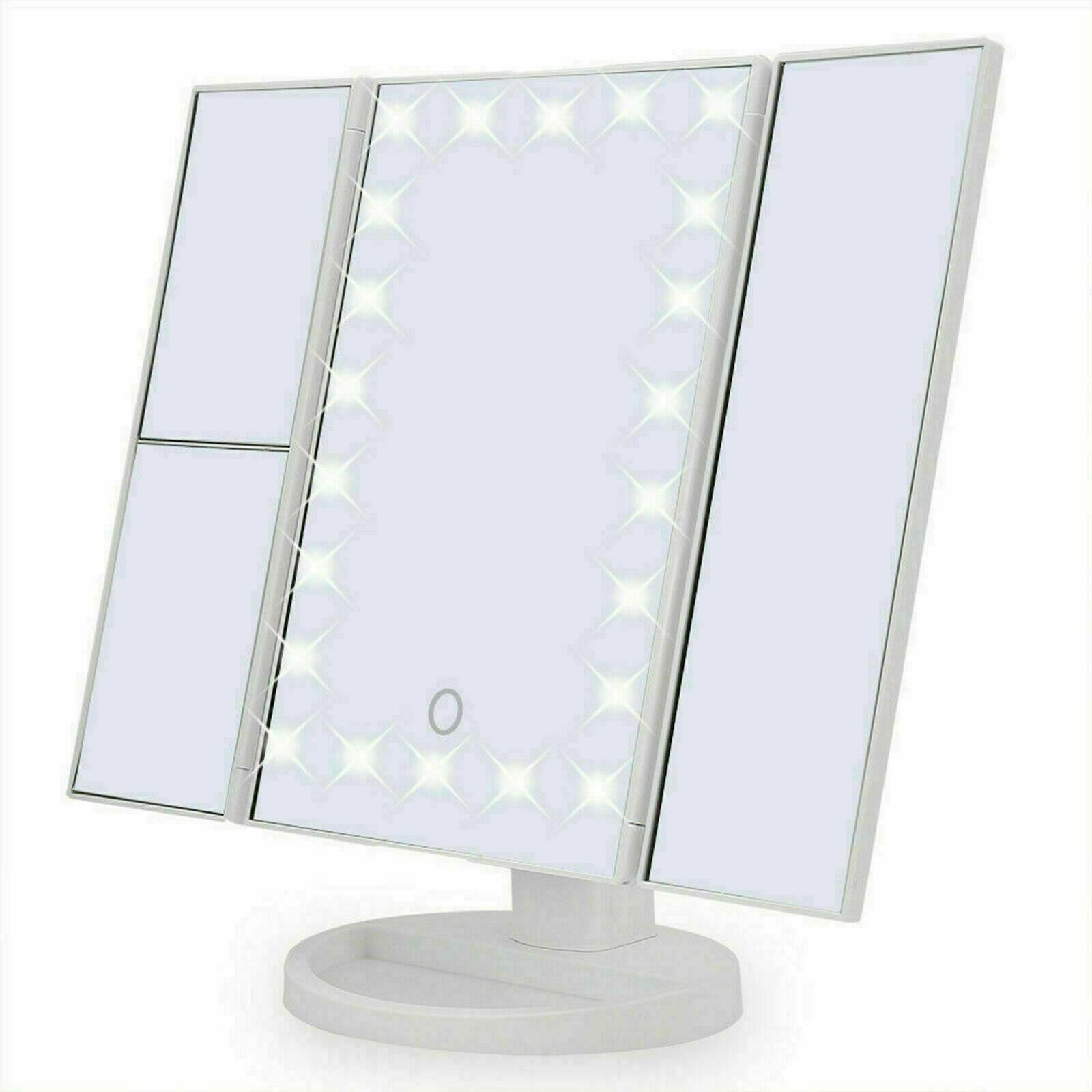 Tri-fold Makeup Mirror Light Up Dressing Table 24 LED Lights Illuminated Dimmable Magnifying Vanity Mirrors Foldable
