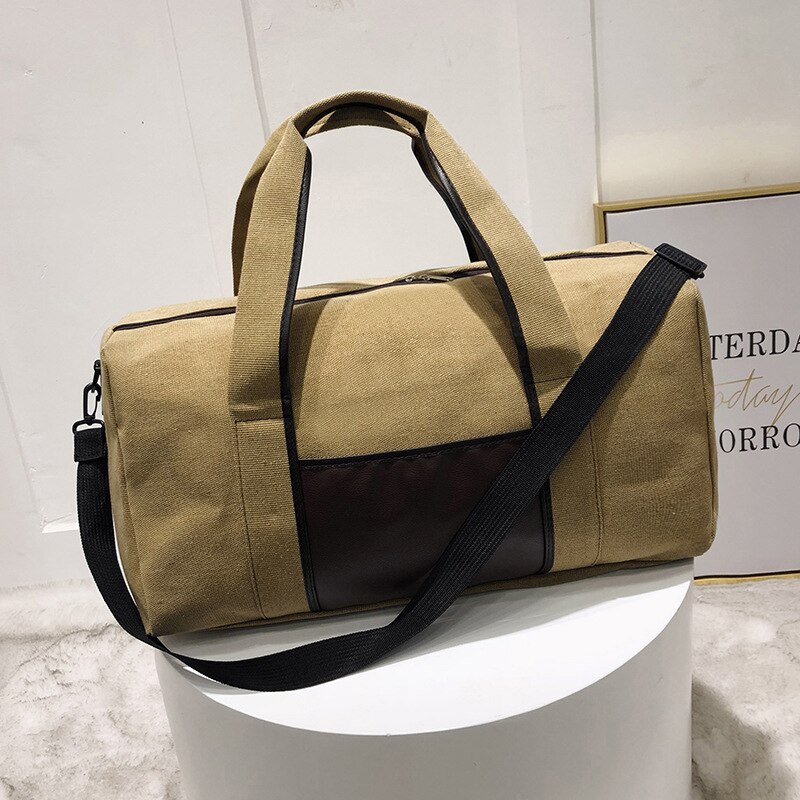 Men Canvas Simple Travel Luggage Handbags Women Solid Durable Duffel Shoulder Bags Female Crossbody Weekend Carry Organizer: Khaki