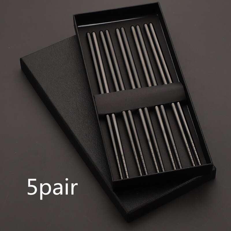 1 Pair Chopsticks Non-Slip Chinese Stainless Steel Reusable Metal Chopstick for Sushi Food Sticks Set Tableware Kitchen Tool: 5pair  black