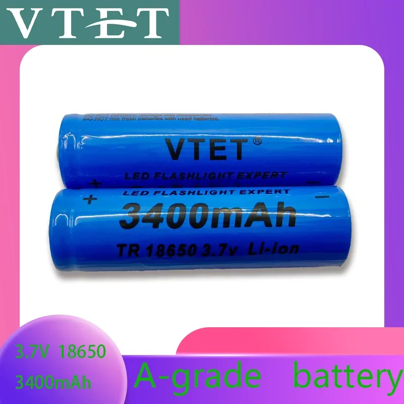 18650 3.7V 3400mAh Rechargeable Battery for Flashlight, Lithium ion Battery, Toy and Home Appliances A-grade battery: black
