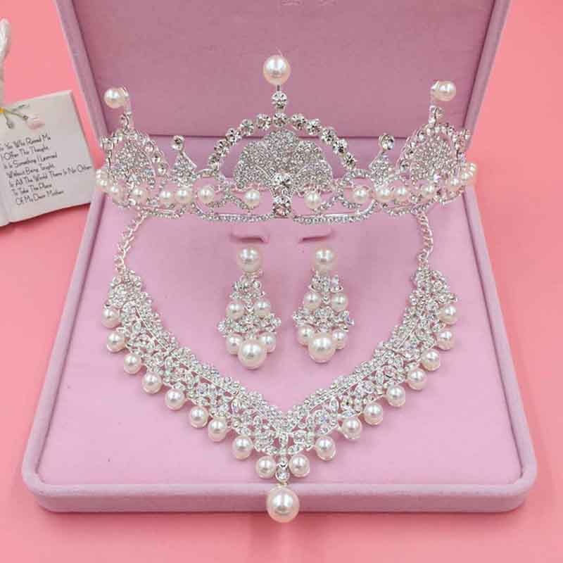 Braut Hochzeit Luxus Glänzende Strass Schmuck Set Simulation Perle Party Haar Schmuck Damen Zarte Tiara Necklack Ohrringe