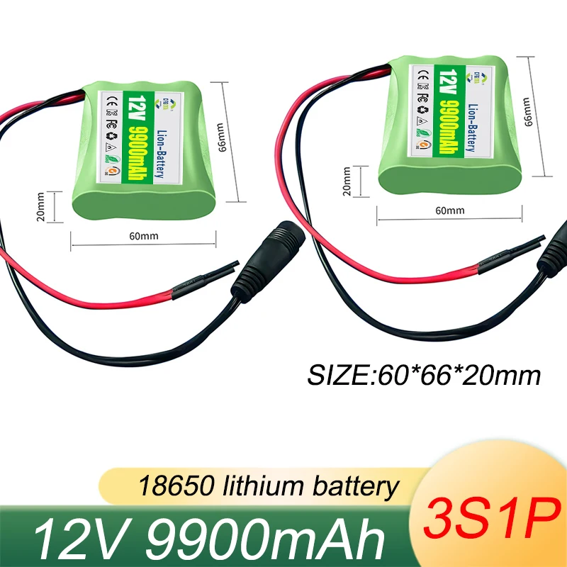 3s1p-Batterien 18650 wiederaufladbarer Akku 12 V 9900 mAh 18650 Lithium-Ionen DC 12,6 V Super-Ersatzakku + 12 V 1 A Ladegerät