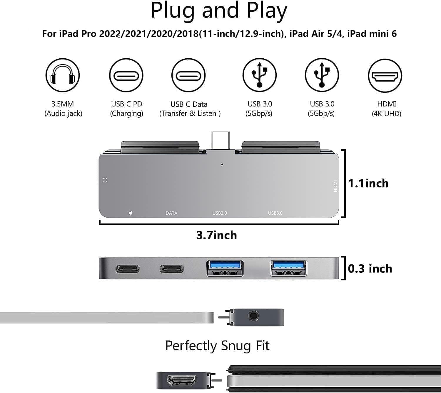USB C HUB für iPad Pro 11/12,9 Zoll, Adapter für iPad Air 5,6 in 1 iPad Pro Hub Dockingstation mit 4K HDMI, 3,5 mm Kopfhöreranschluss