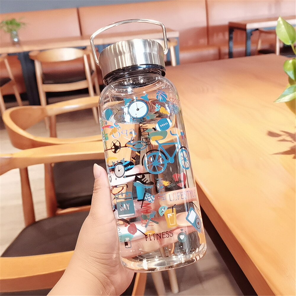 Botellas de vidrio de gran capacidad para niños y niñas, botella de agua creativa sin BPA, taza de viaje para escuela, café y té, 1000ml: Azul