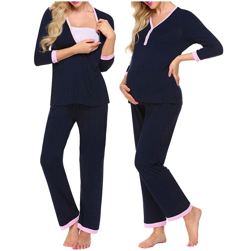 pflege Pyjamas Set Frauen Winter Nachthemd Für Fütterung Tops & Hosen Nachtwäsche Pyjama Allaitement Mutterschaft Schwangerschaft Kleidung: dark blue / S