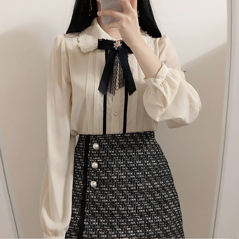 Forår kvinders søde toppe preppy stil vintage japanere korea knap formelle skjorter bluser pink hvid 12020