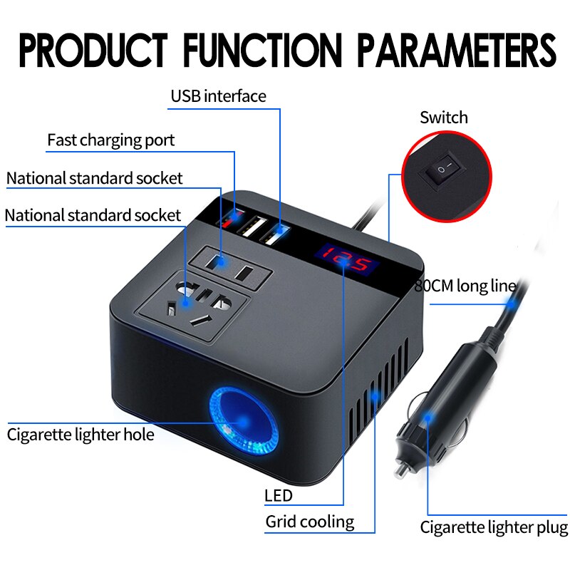 Car Inverter 150W 12V/24V DC To 220V AC Cigarette Lighter Power Supply Inverter Adapter with QC 3.0 USB Charger Fast Charging