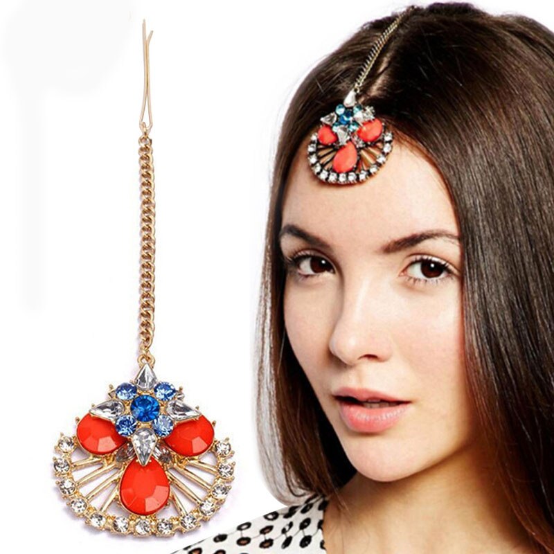 Recém 2020 cristal frontlet vermelho testa rosa cabeça corrente azul meninas casamento nupcial jóias roxo drape headpiece duplo clipes: Orange Pin clip