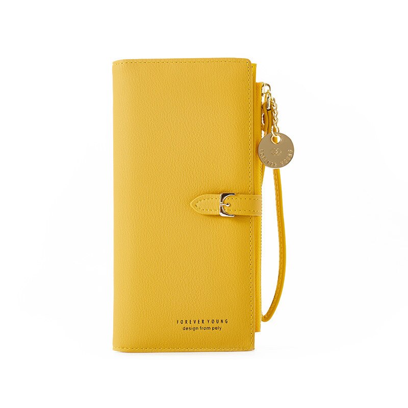 Cartera de piel suave para mujer, Carteras largas con broche, monedero Delgado, tarjetero para mujer: Yellow