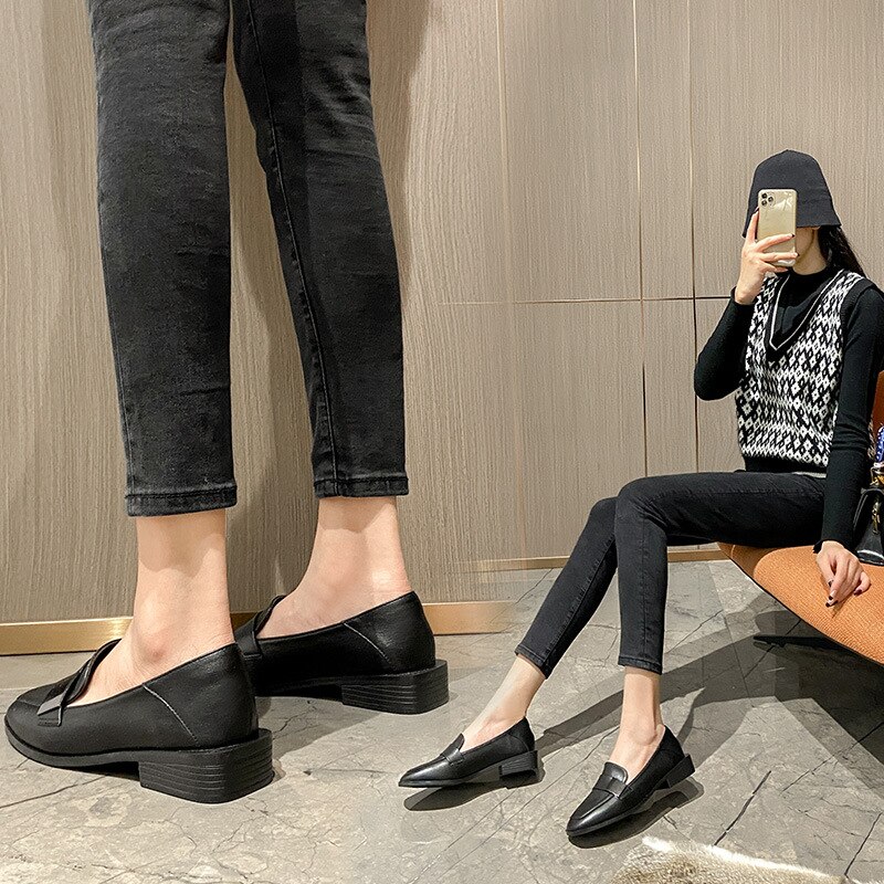 Zapatos planos con punta redonda y plataforma para mujer, mocasines suaves y poco profundos con piel, informales, para otoño,