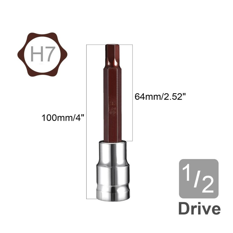 1/2" Drive x 4mm 5mm 6mm 7mm 8mm 10mm 12mm 14mm Hex Bit Socket, Standard Metric, S2 and Cr-V Steel 100mm Length: 100LxH7MM 1pcs