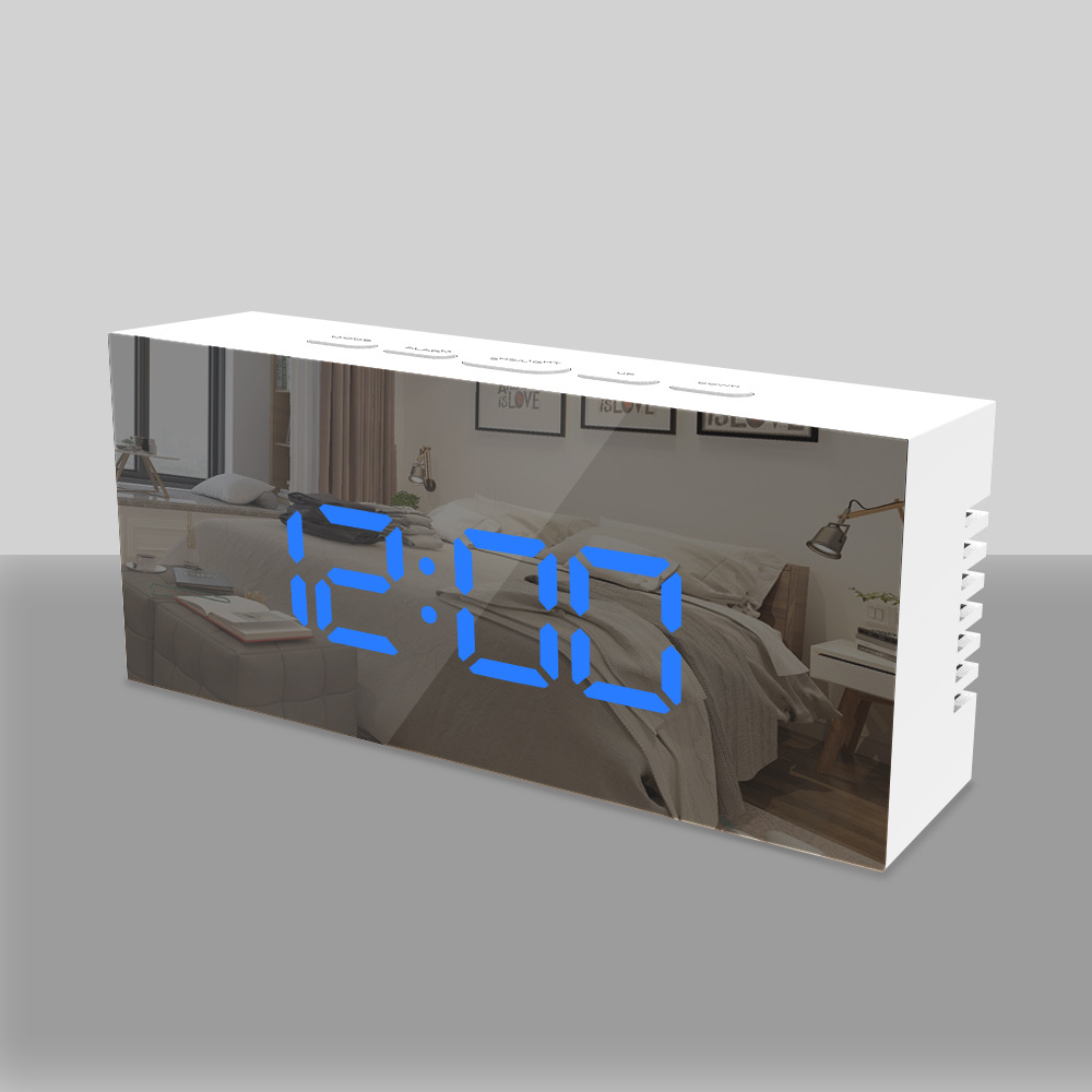 Miroir LED réveil Table horloge lumineux numérique Snooze temps température réveil lumière rétro-éclairé bureau horloge chambre: White shell blue