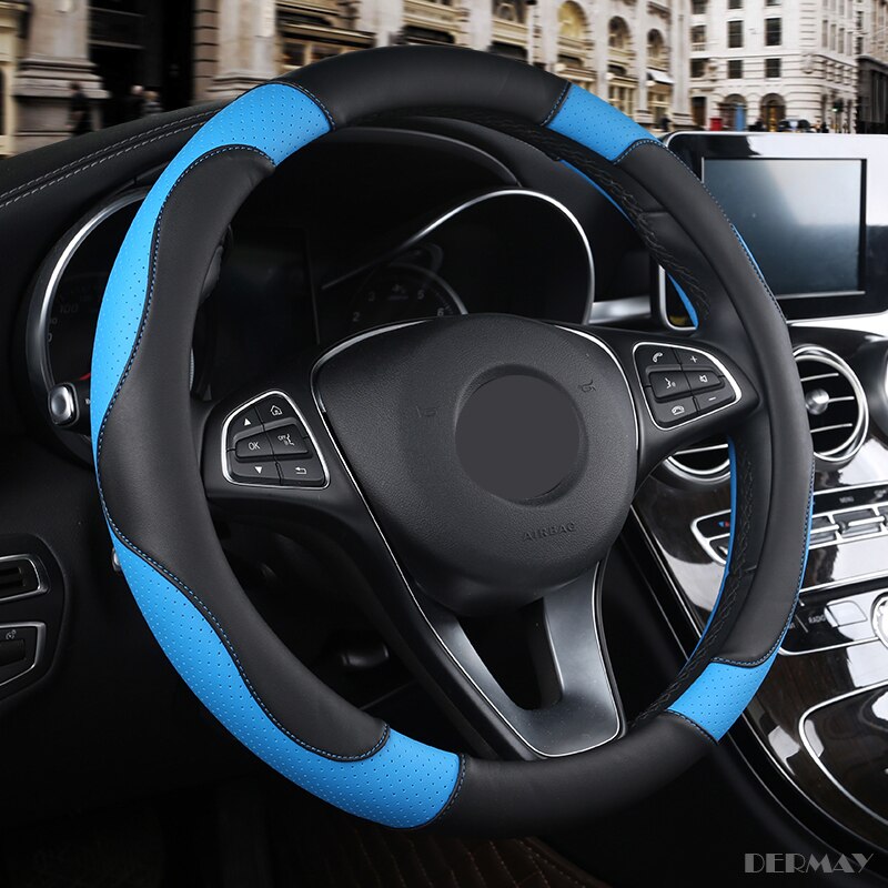 DERMAY Sport Style Contrast Color Non-slip Sweat Good Breathable PU Leatherette 15 Inch Car Steering Wheel Cover: Blue