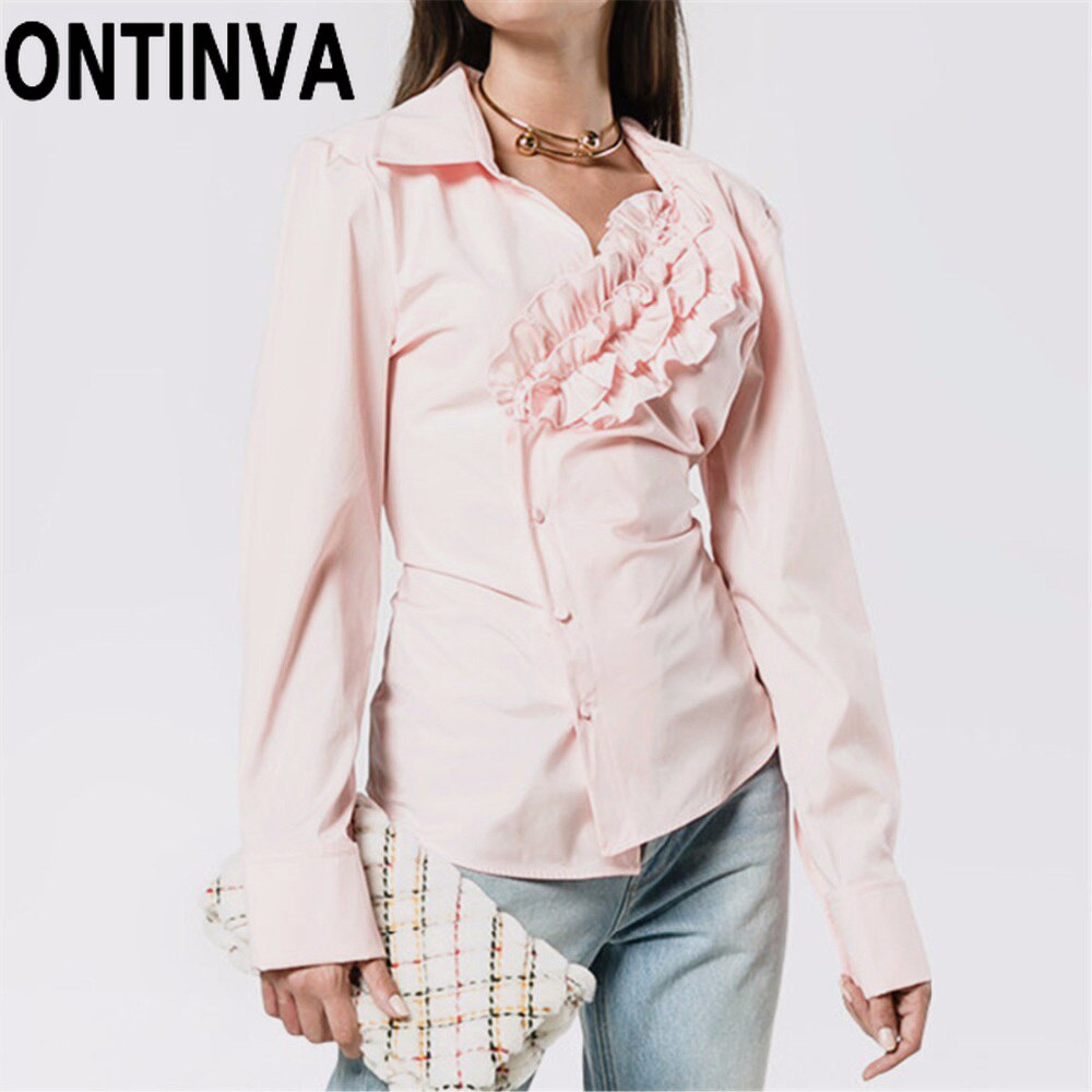 Liquidación señoras Color rosa Blusas con volantes camisa Irregular Ropa de Trabajo abotonada manga larga Mujer Blusas